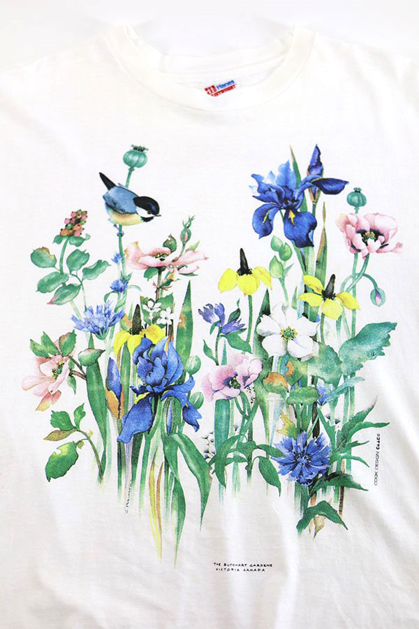 Used 90s USA HANES Flower Art Graphic T-Shirt Size L 