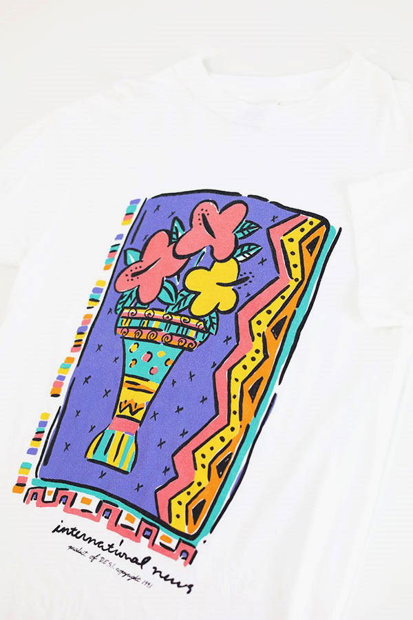Used 90s USA NEWS Flower Pop Art Graphic T-Shirt Size L 