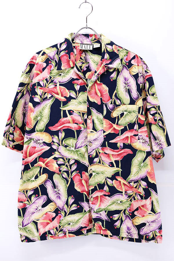 Used 90s MALE Botanical Black Aloha Shirt Size XL 