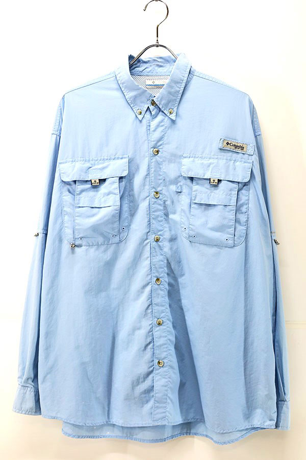 Used 00s Columbia PFG Sky Blue Fishing Gimmick Shirt Size L 