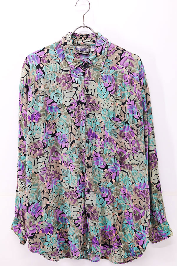 Used 80s-90s Watercolor Leaf Pattern All Over Graphic rayon Shirt Size L 