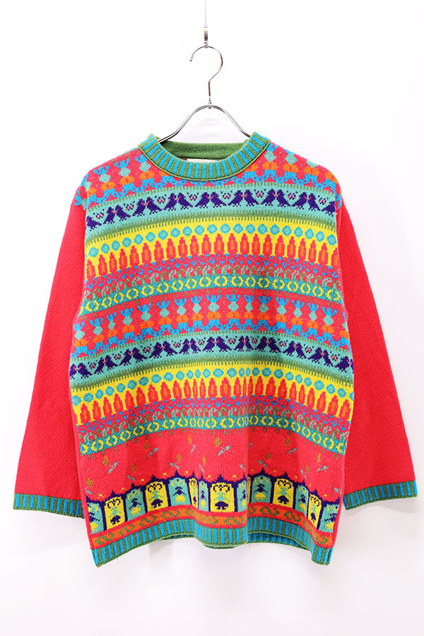 Used Womens -90s BENETTON Vivid Pink Colorful Knit Size L 相当 古着