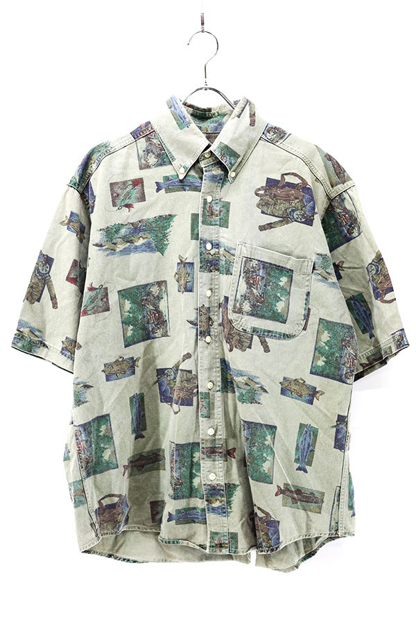Used 00s Wool Rich Fly Fishing Graphic BD S/S Shirt Size L 