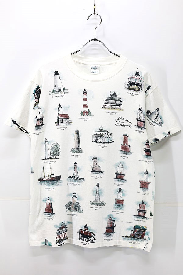 Used 90s USA DELTA ART UNLIMITED Light house All Over Graphic T-Shirt Size M 