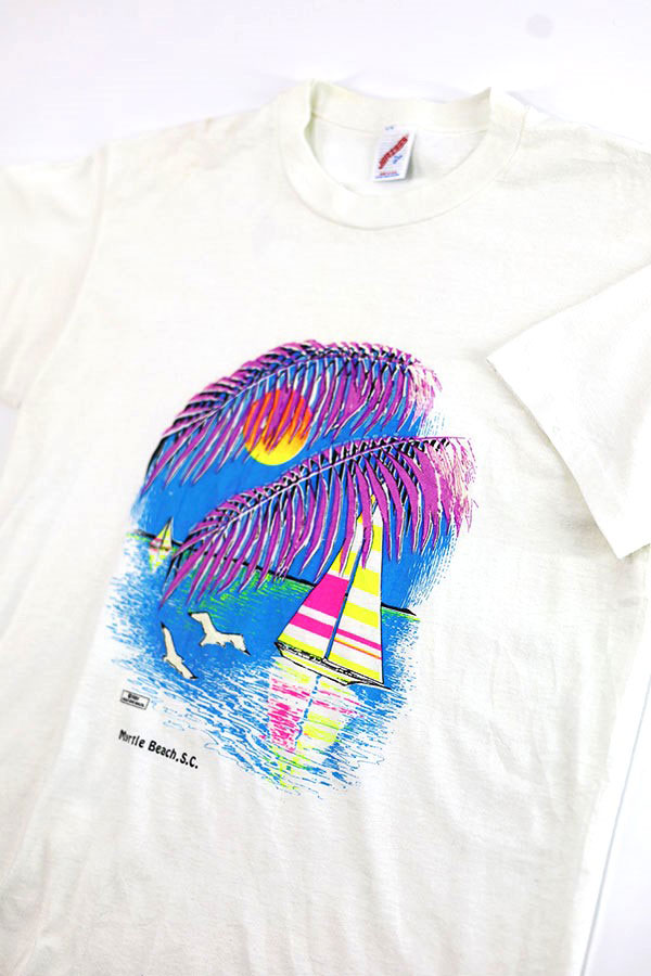 Used 90s USA JERZEES Beach Sun Set Art graphic T-Shirt Size L 
