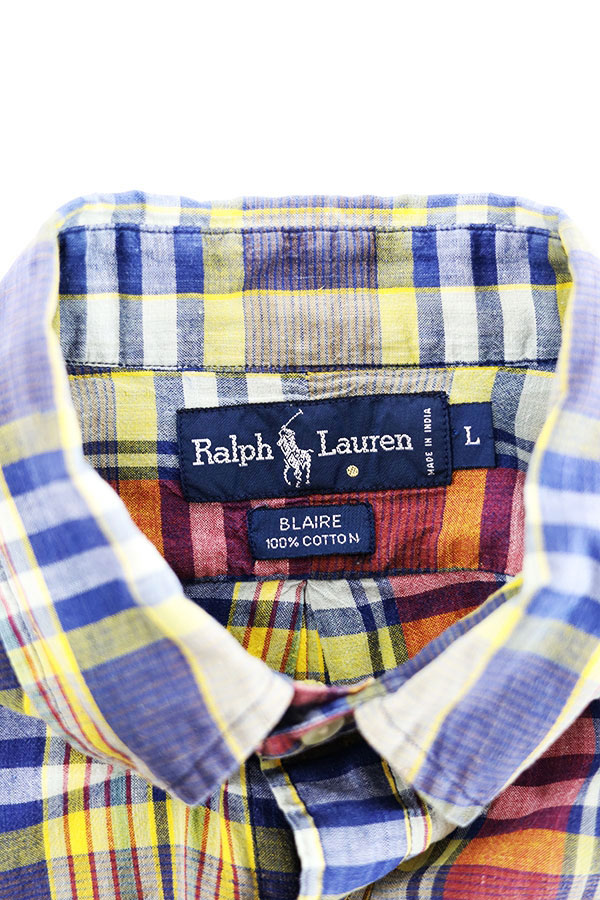 Used 90s Ralph Lauren Madras check BD S/S Shirt Size L 