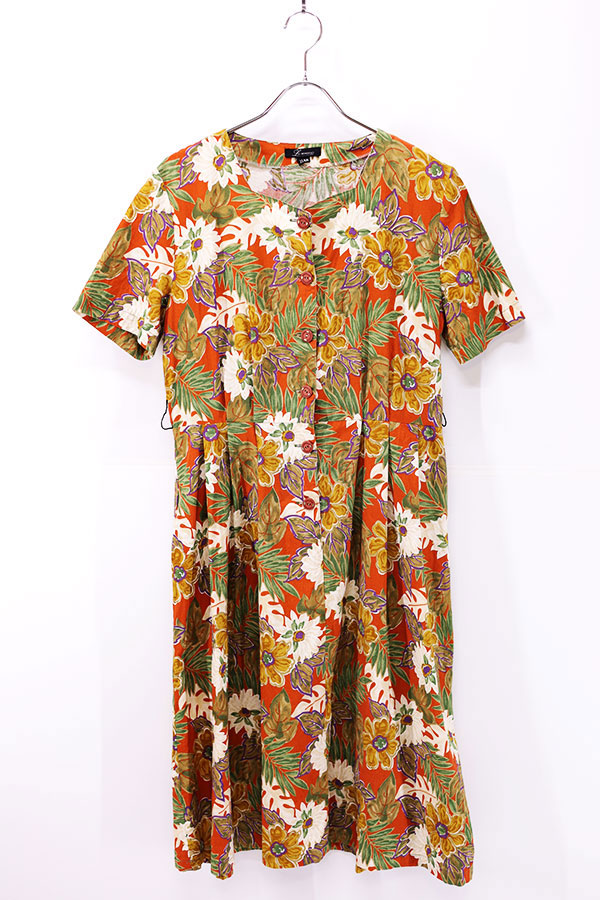 Used 80s JAPAN Flower Pattern S/S Retro Dress Size L  