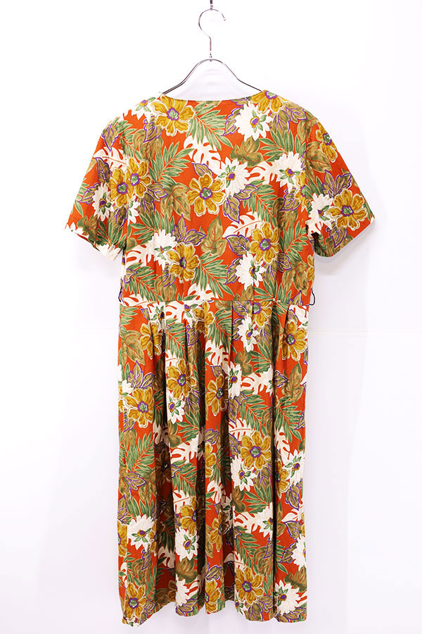 Used 80s JAPAN Flower Pattern S/S Retro Dress Size L  