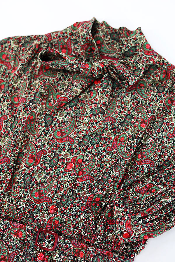Used 70s Unknown Paisley Ribbon Neck Retro Dress Size S  